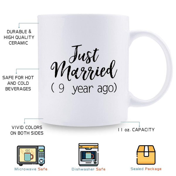 9th Anniversary Gifts - 9th Wedding Anniversary Gifts for Couple, 9 Year Anniversary Gifts 11oz Funny Coffee Mug for Couples, Husband, Hubby, Wife, Wifey, Her, Him, just married