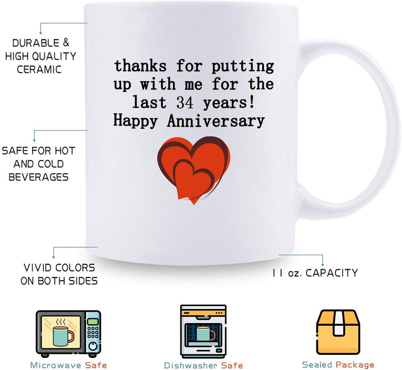 34th Anniversary Gifts - 34th Wedding Anniversary Gifts for Couple, 34 Year Anniversary Gifts 11oz Funny Coffee Mug for Couples, Husband, Hubby, Wife, Wifey, Her, Him, putting up with me